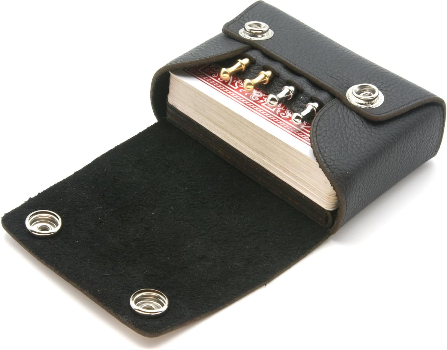 Black leather cribbage set with cribbage board,  playing cards, cribbage pegs all within black leather pouch