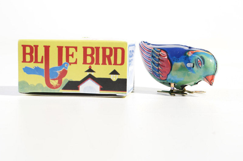 Colourful Blue Bird Tin Toy with packaging