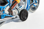Close up of Blue Motorbike Tin Toy 