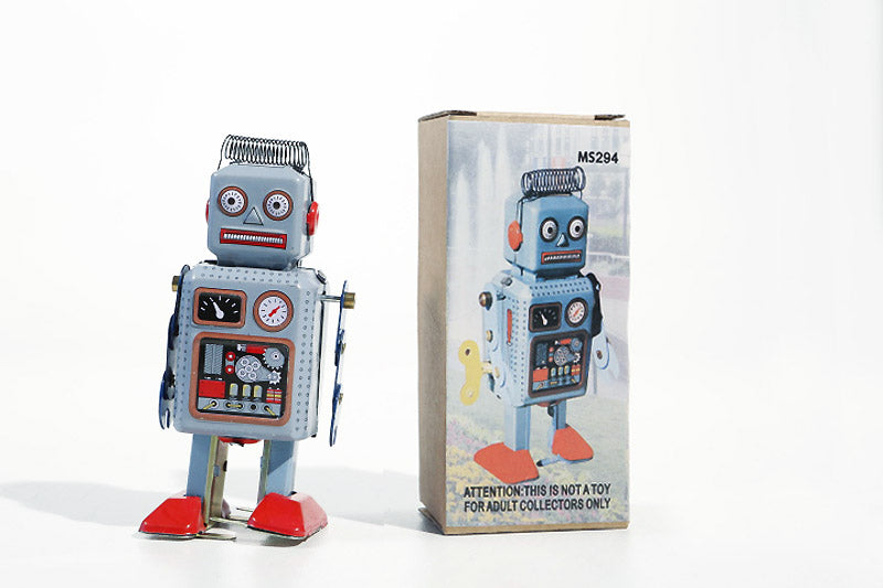 Blue Radar Vintage-style robot tin toy with packaging