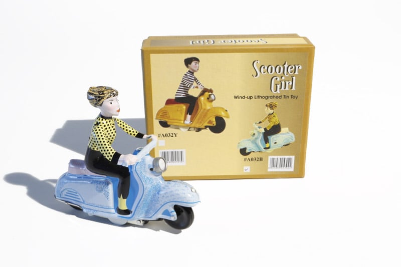 Blue Scooter Girl Tin Toy with colourful packaging