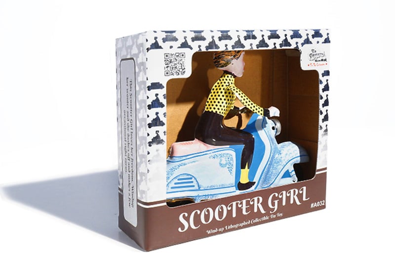 Blue Scooter Girl Tin Toy in colourful packaging