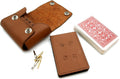 Brown leather cribbage board with playing cards, cribbage pegs a brown leather pouch.