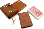 Brown leather cribbage board with playing cards, cribbage pegs a brown leather pouch.