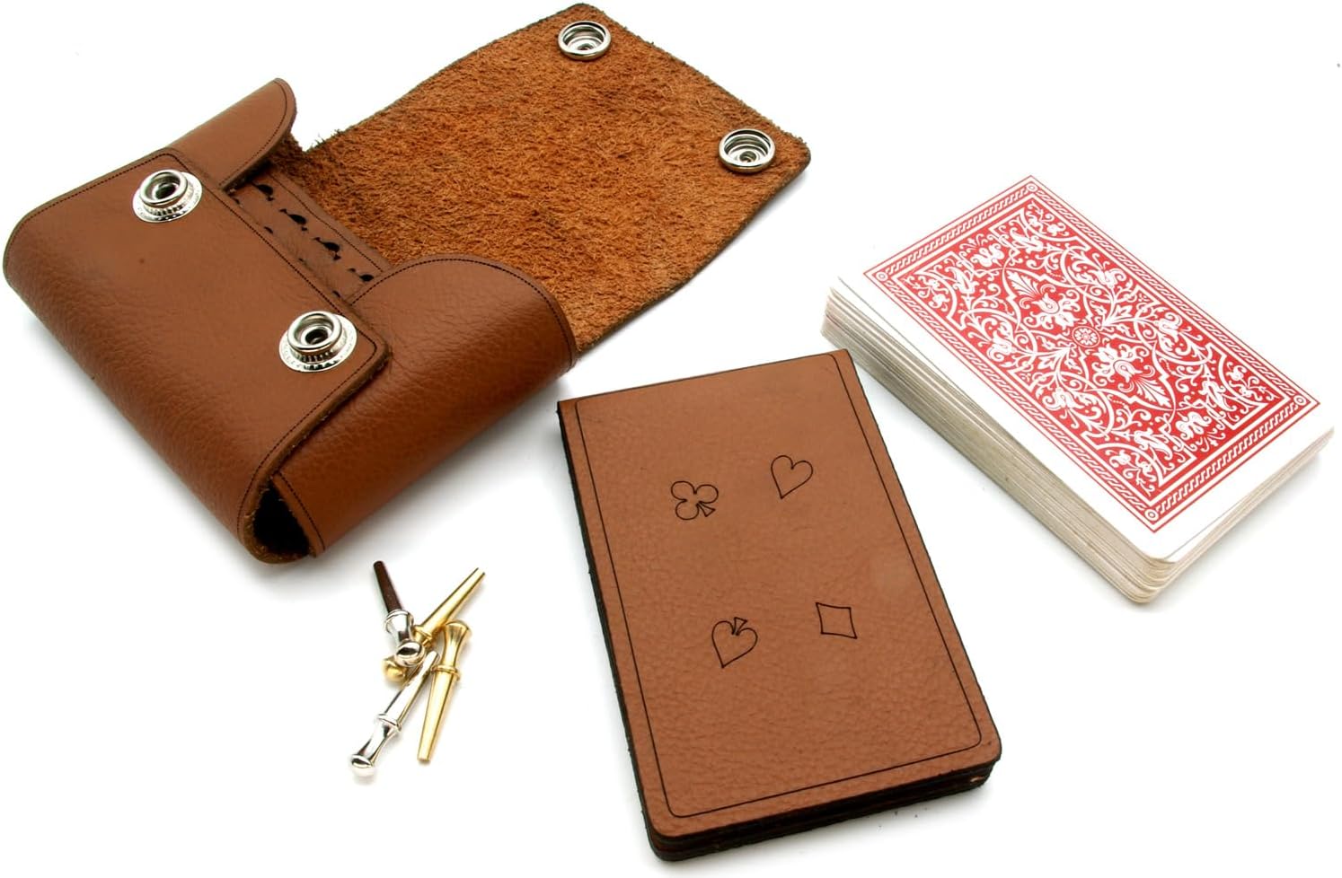 Brown leather cribbage board with playing cards, cribbage pegs a brown leather pouch.