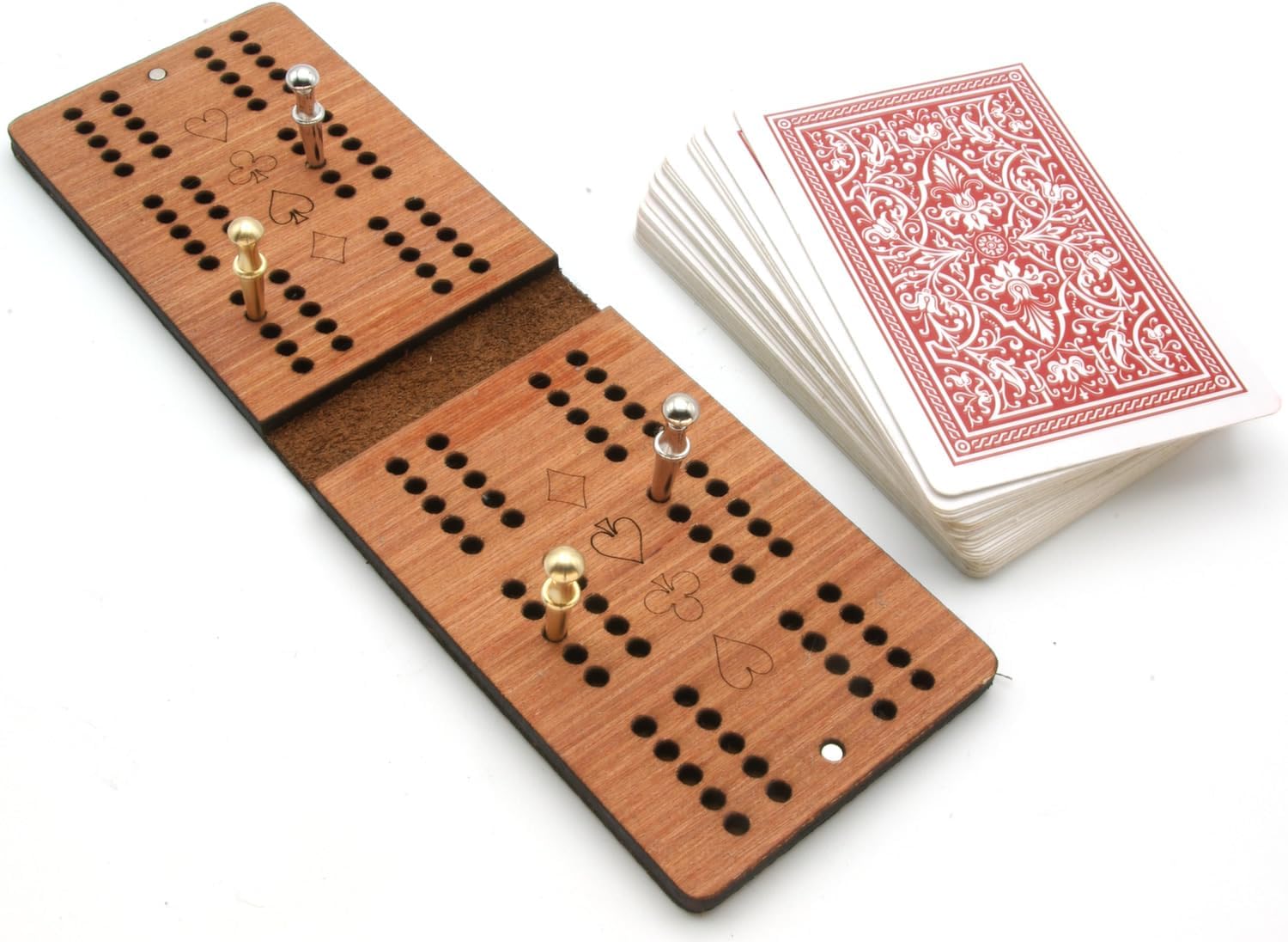 Brown leather cribbage board with playing cards and cribbage pegs 