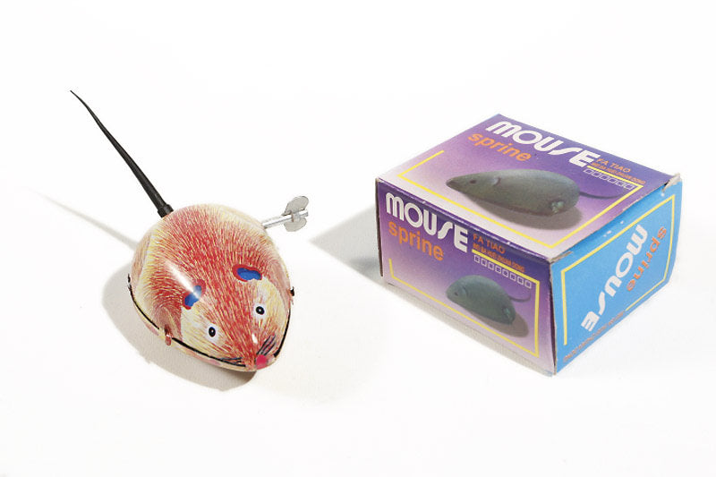 Brown mouse tin toy with wind up key with its packaging