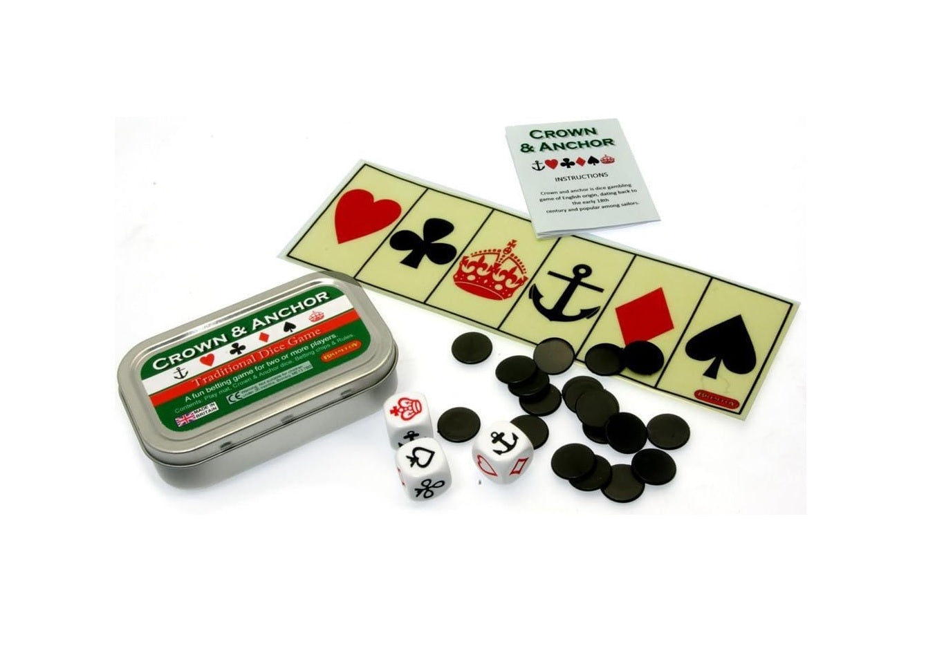 Pocket Crown & Anchor dice game in a tin with instructions, dice, counters and playing mat.