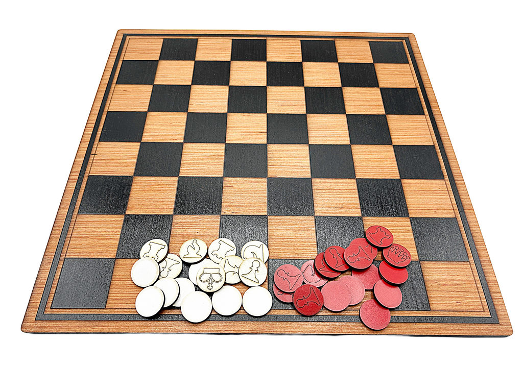 Chess/draughts board with playing pieces