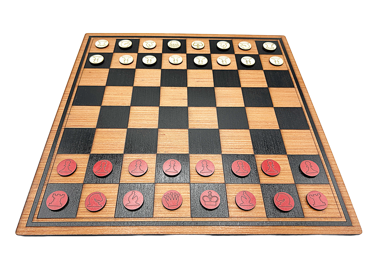 Chess/draughts board with playing pieces
