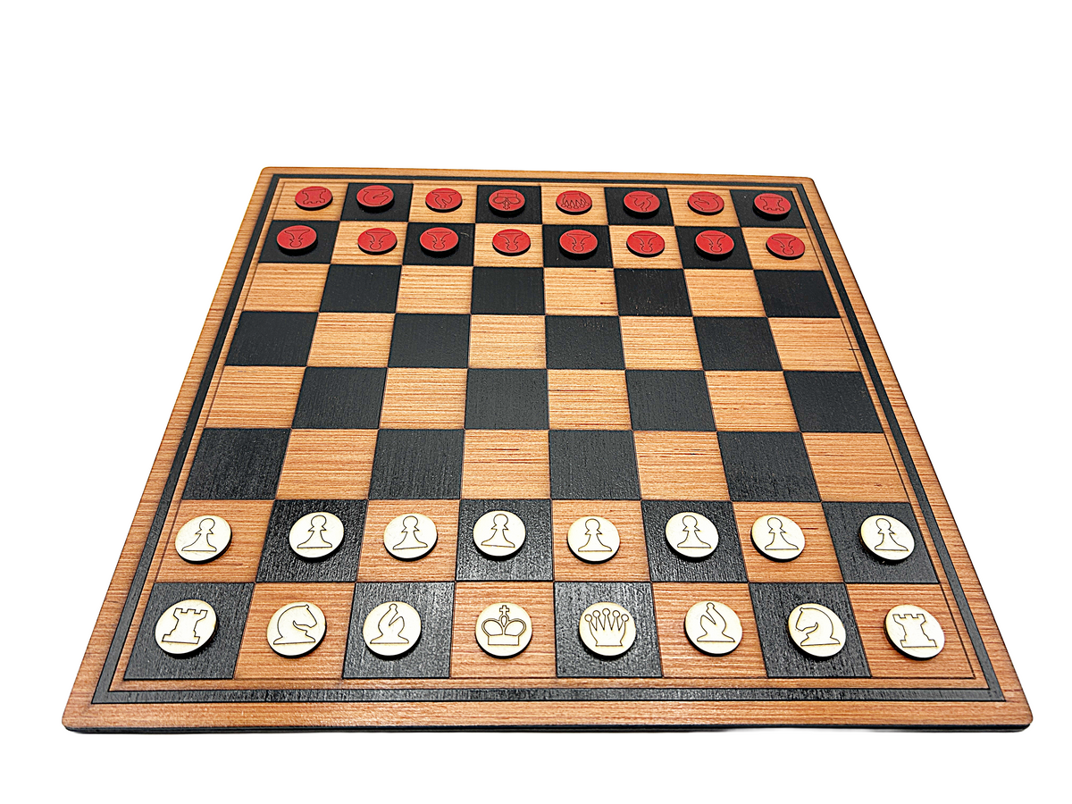 Chess/draughts board with playing pieces