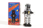 Chrome Roby Vintage robot tin toy with its packaging 