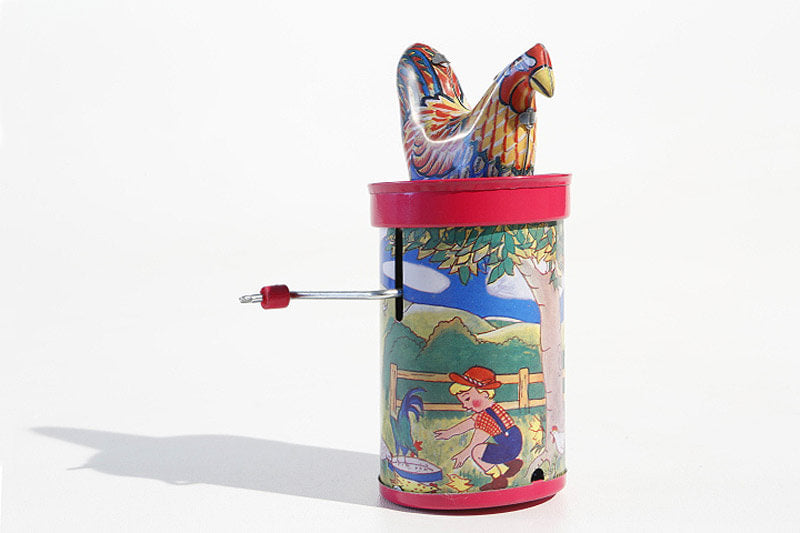 Colourful clucking rooster tin toy 