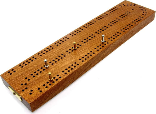 Continuous 2 track hardwood cribbage board with cribbage pegs 