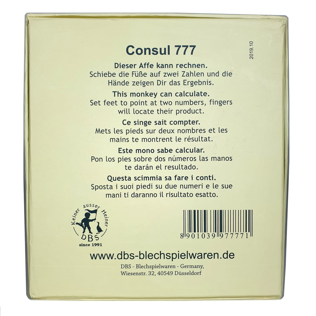 Back of consult the educated monkey tin toy  packaging