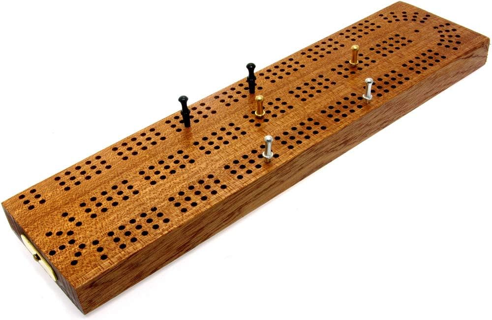 Continuous 3 track Hardwood cribbage board with cribbage pegs 