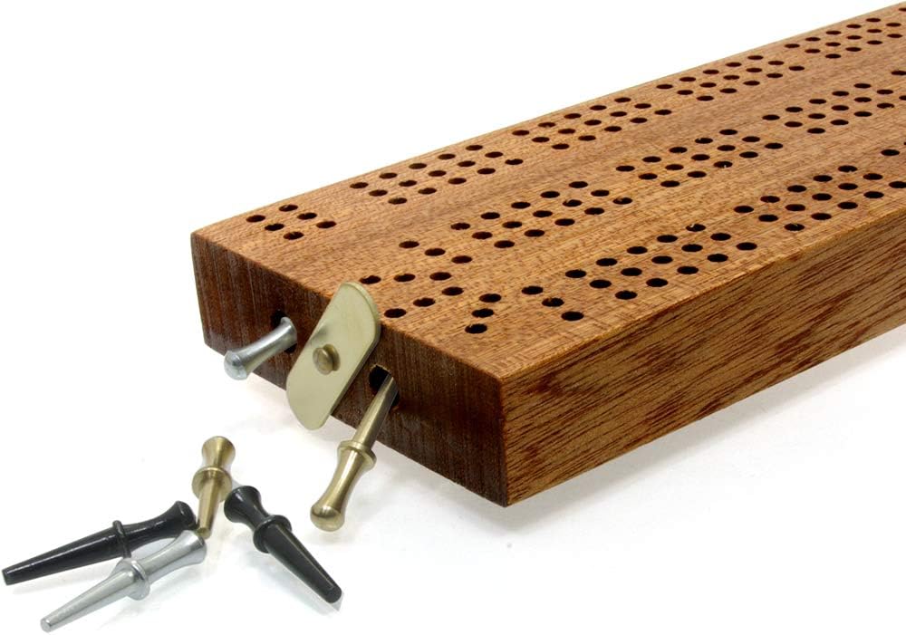 Continuous 3 track Hardwood cribbage board with peg storage