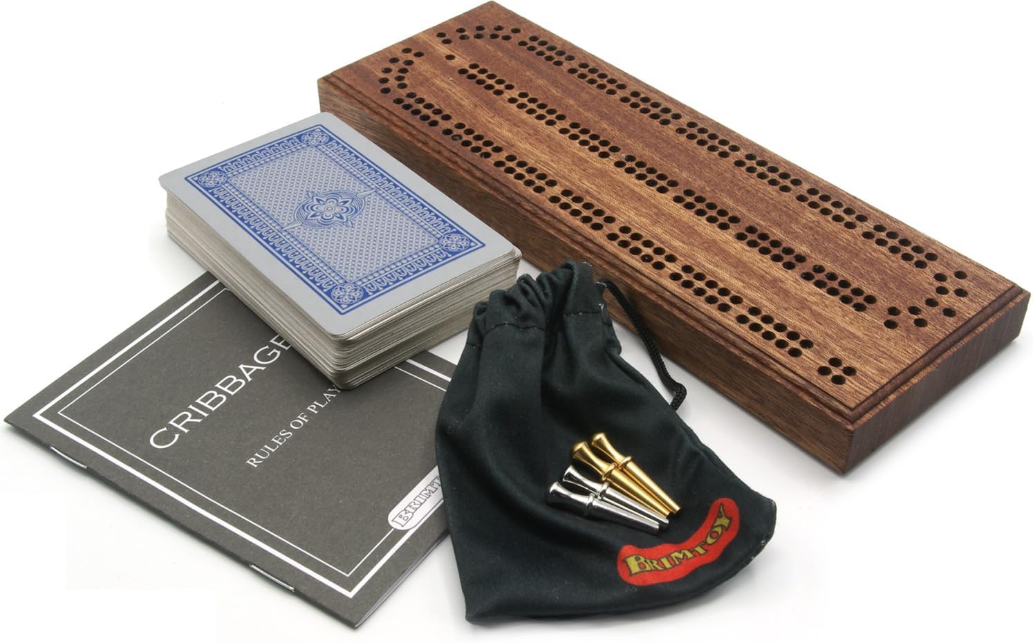 Mahogany cribbage board with playing cards, pegs, instruction booklet and a black drawstring bag 
