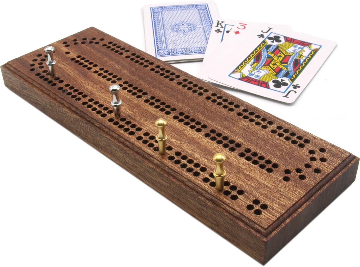 Mahogany cribbage board with playing cards and cribbage pegs 