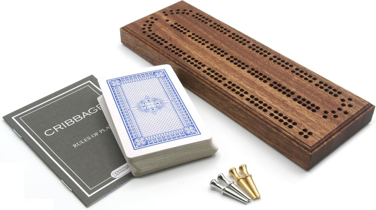 Mahogany cribbage board with playing cards, pegs and instruction booklet 