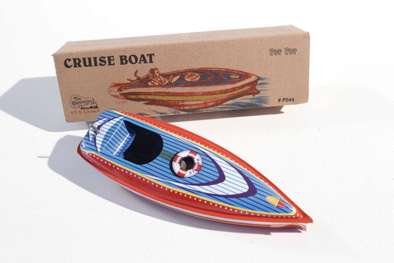 Tin Treasure's Cruiser Pop Pop Boat tin toy with packaging