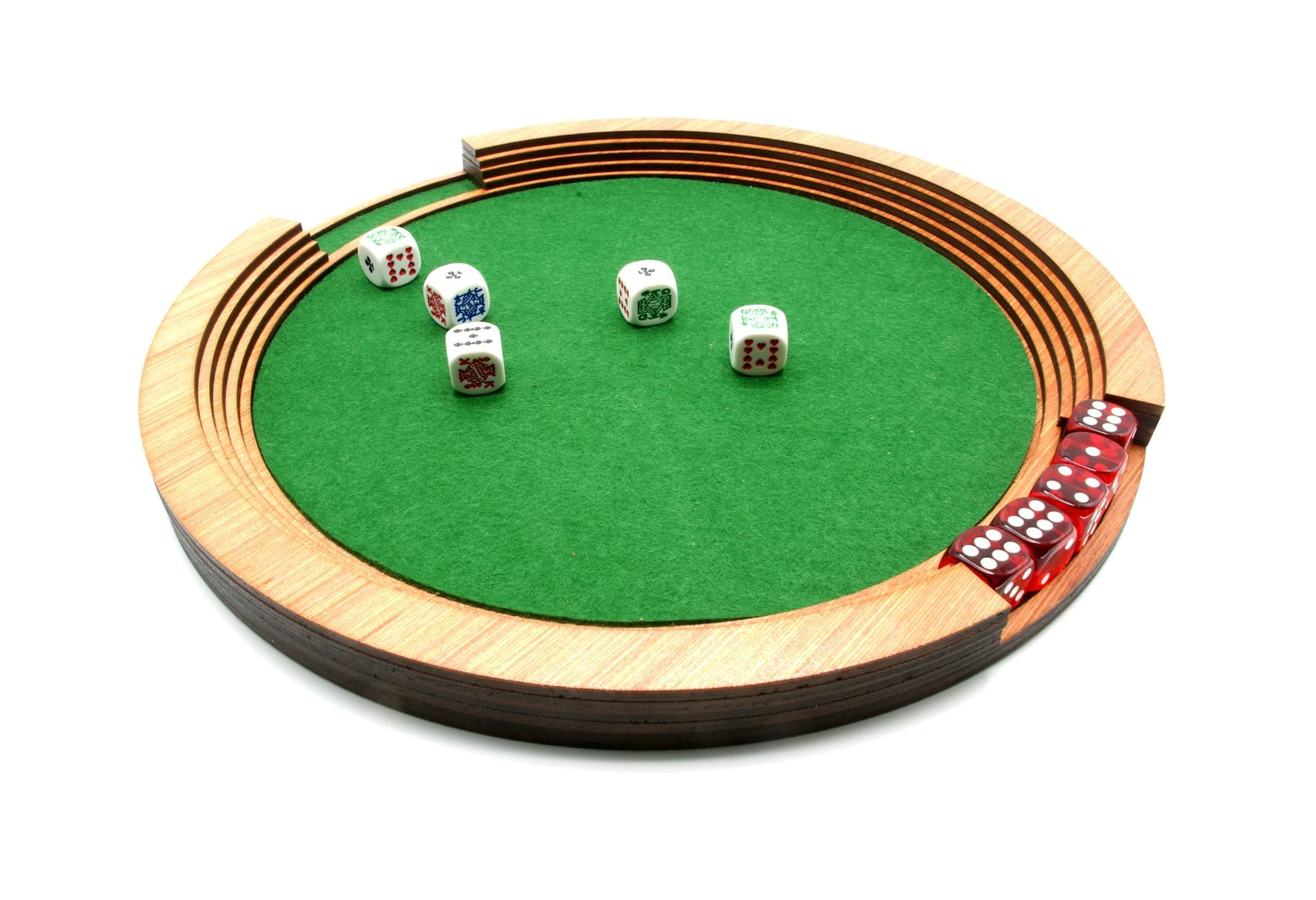 Wooden Dice tray with green felt area, poker dice and luxury dice