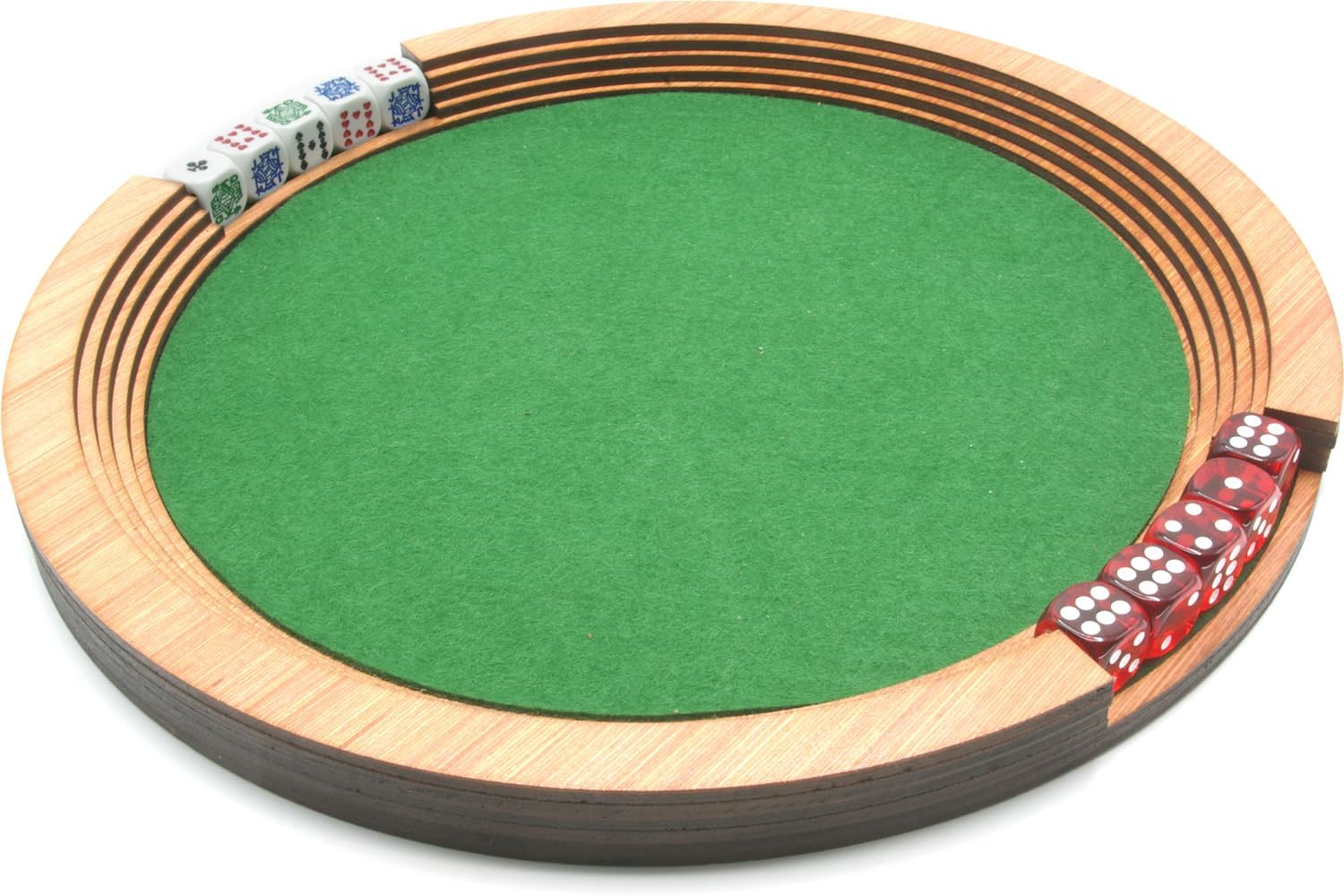 Wooden Dice tray with green felt area, poker dice and luxury dice