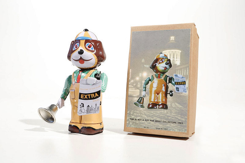 Dog with Bell and newspaper tin toy with its packaging