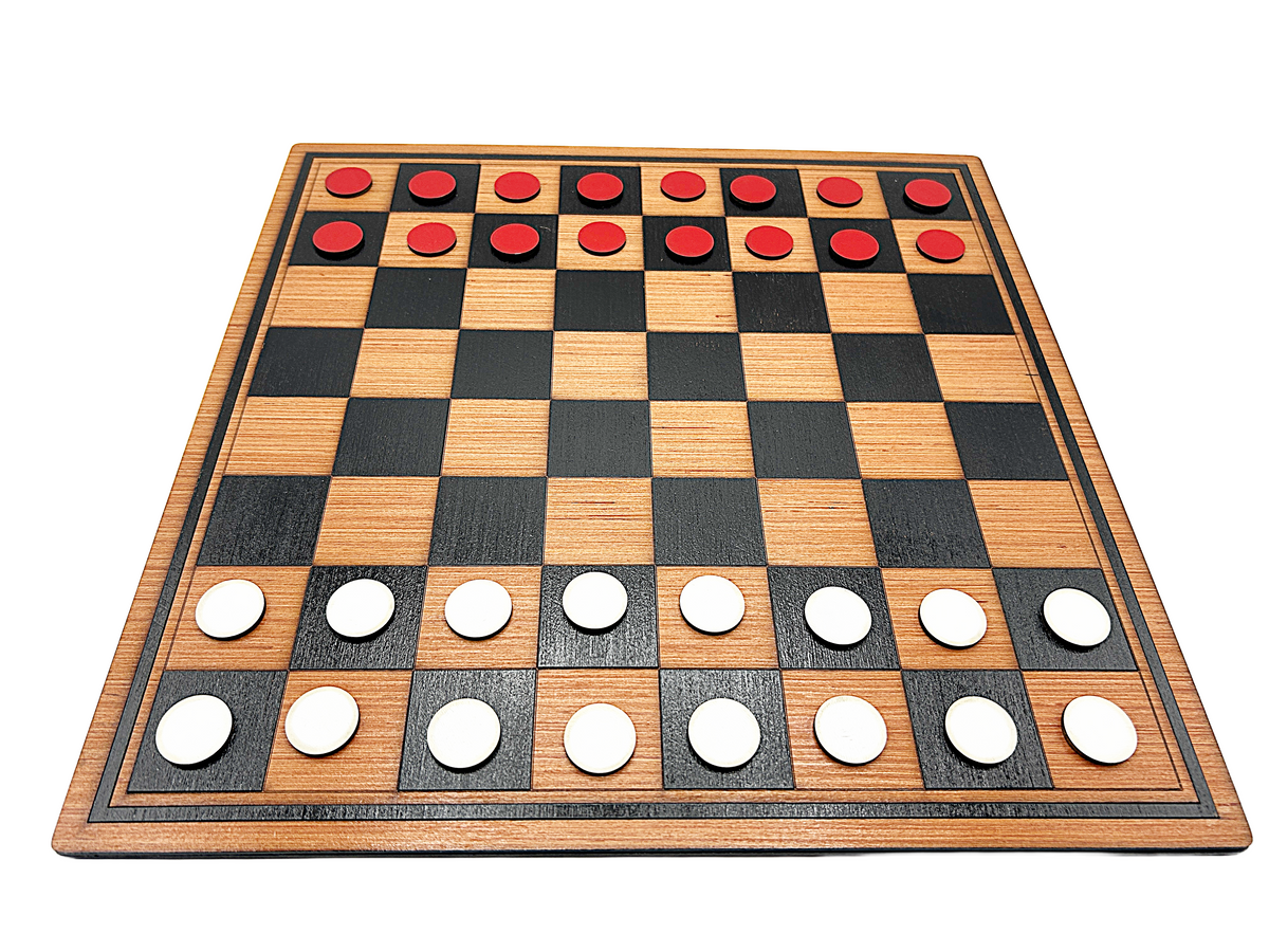 Chess/draughts board with playing pieces