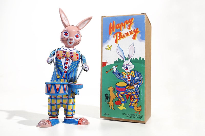 Drumming Bunny Tin Toy with colourful packaging