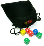 Black drawstring bag with colourful dice 