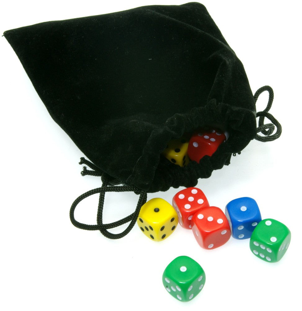 Black drawstring bag with colourful dice 