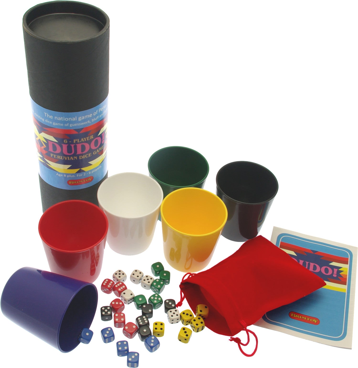 Dudo! dice game set with colourful cups, dice,  instructions and drawstring bag.