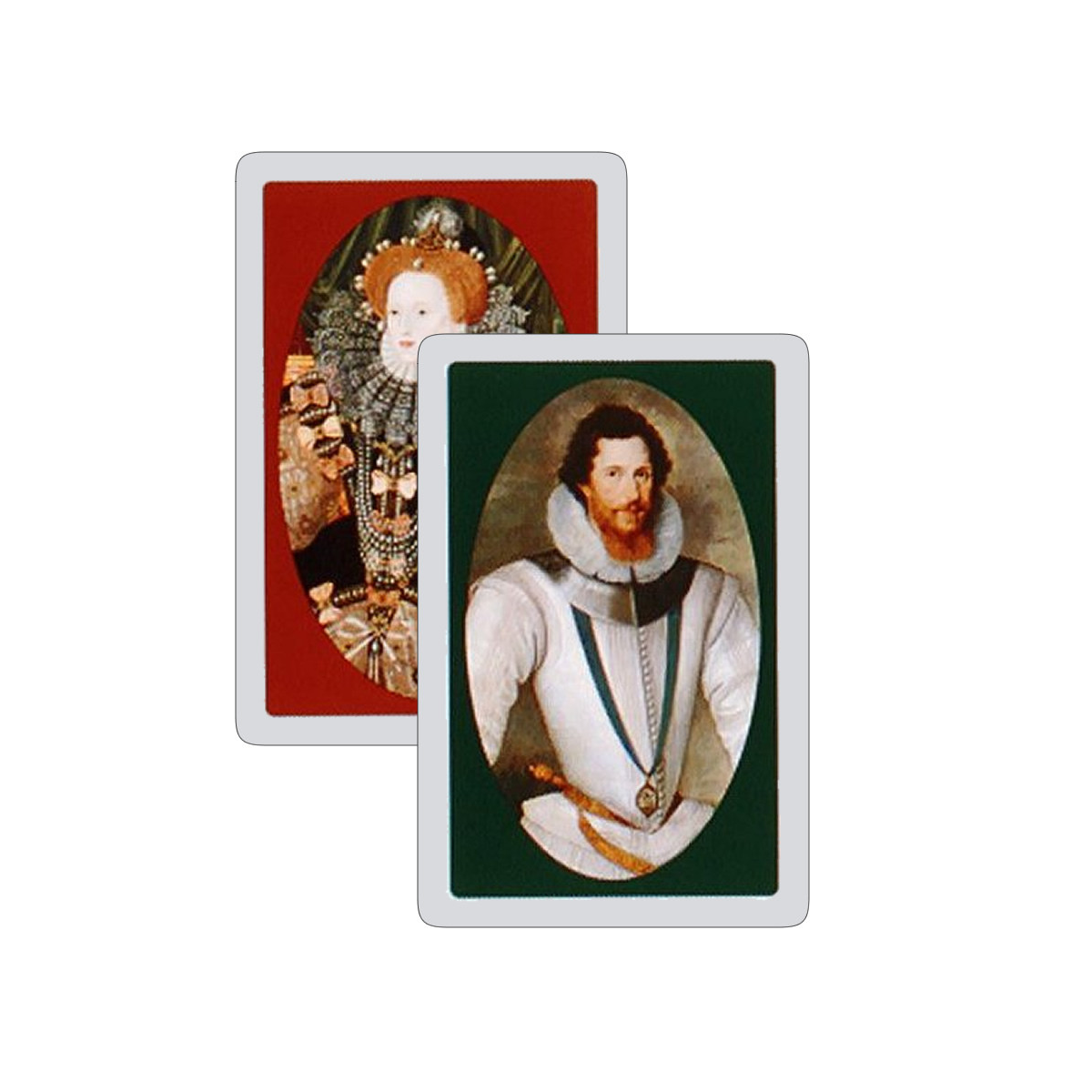 Two playing cards with portraits of a Queen and a Earl 