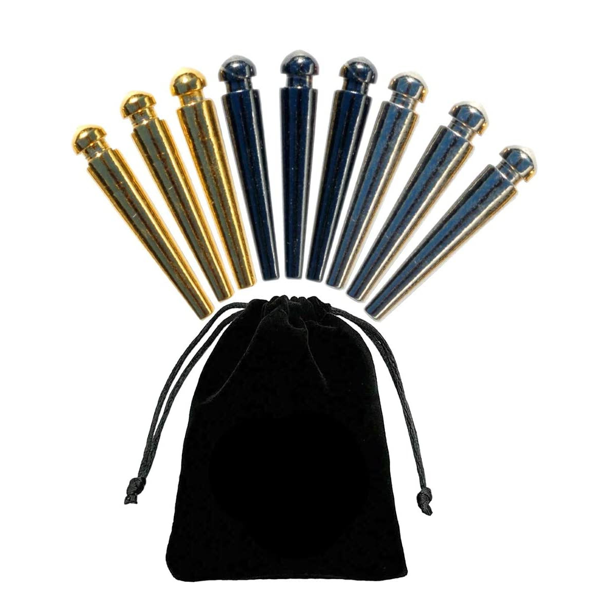 Set of 9 easy grip cribbage pegs - chrome, brass & black