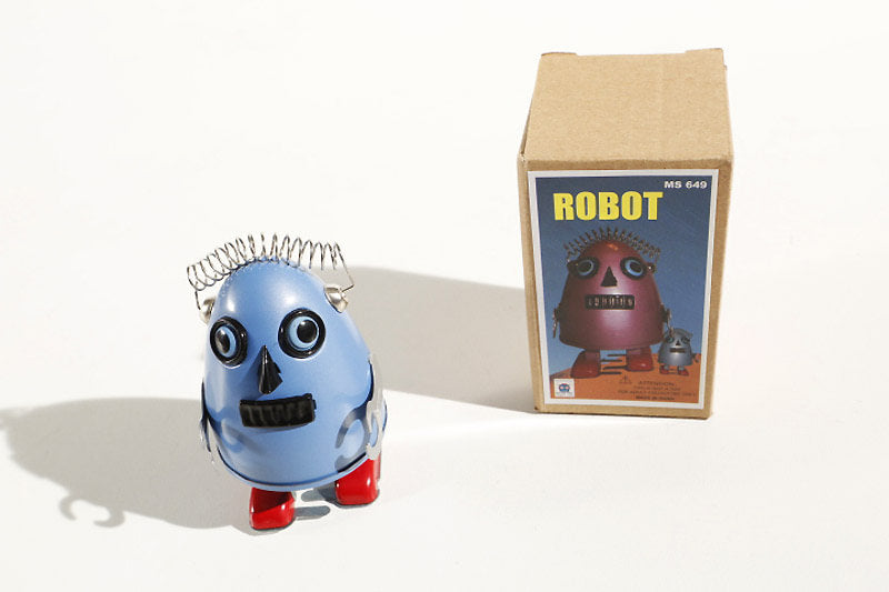 Blue egg man tin toy robot with packaging