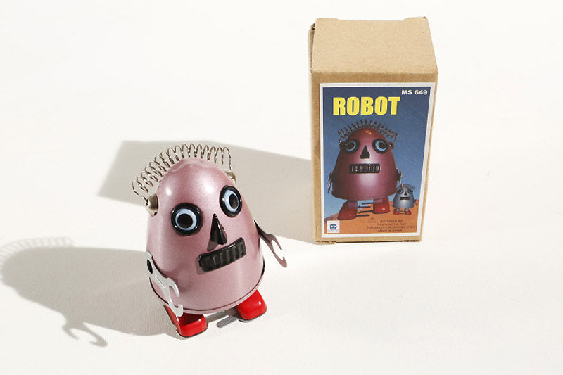 Purple Egg Man Tin Toy Robot with packaging