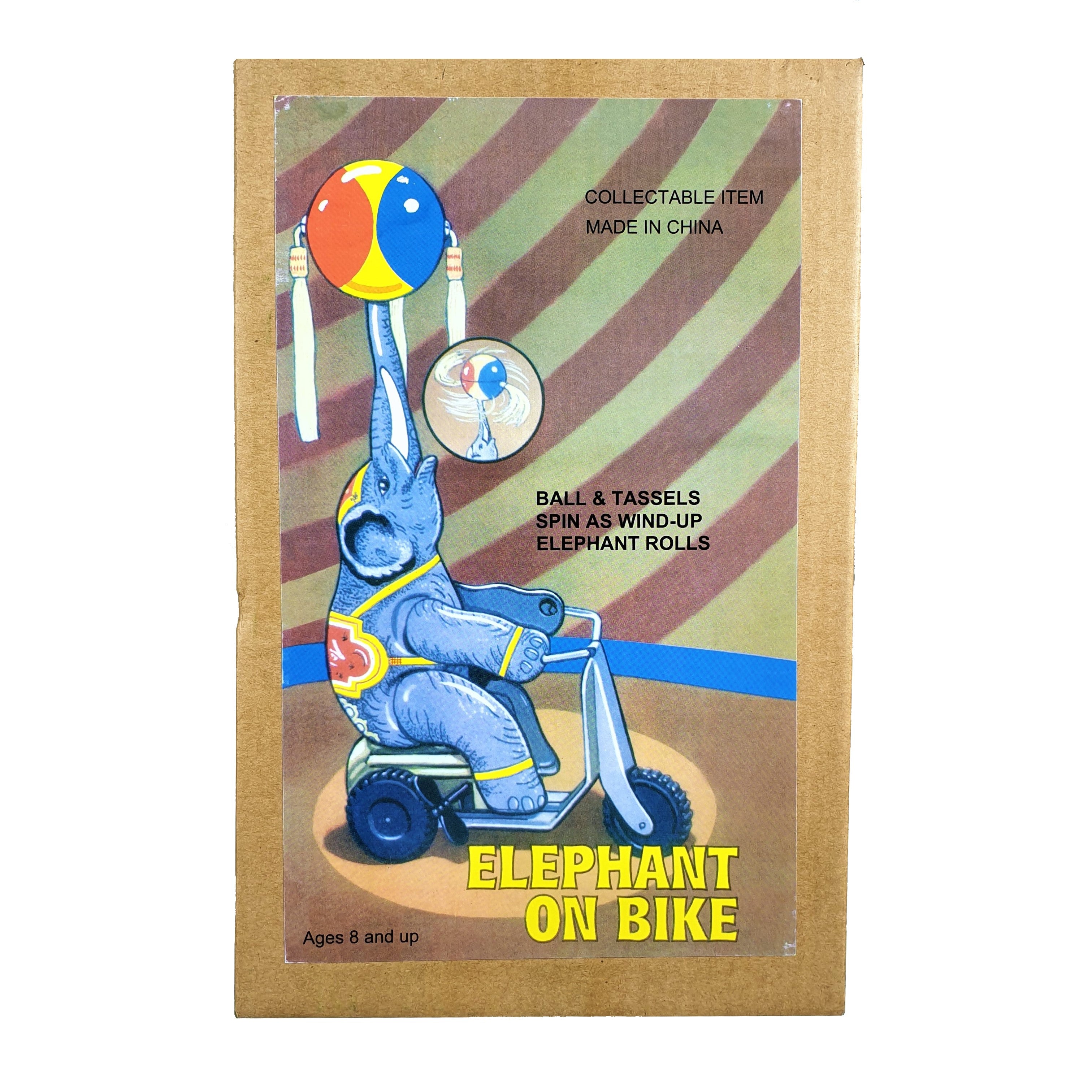 Elephant on trike tin toy packaging