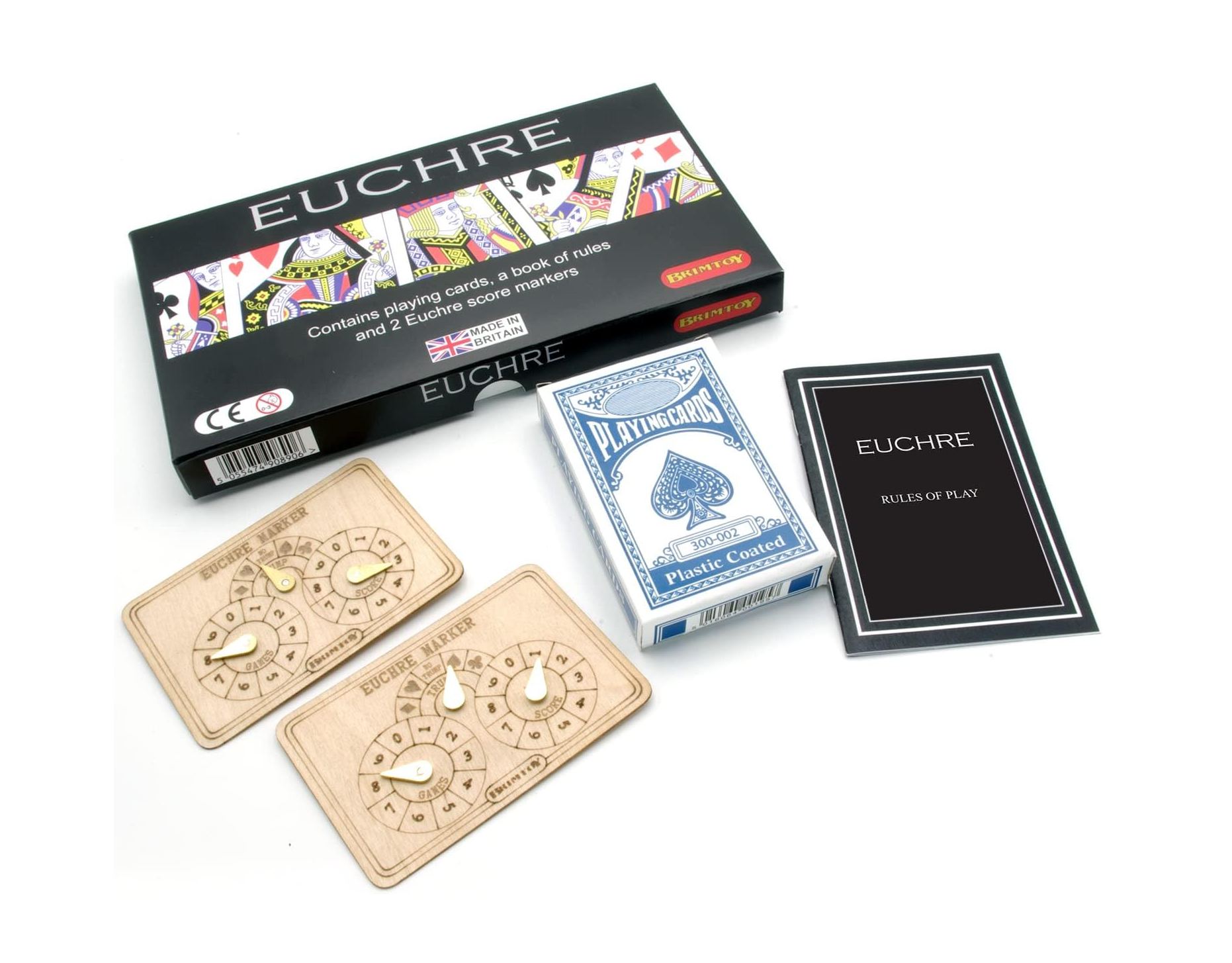 Euchre boxed game with instruction, wooden score markers and playing cards