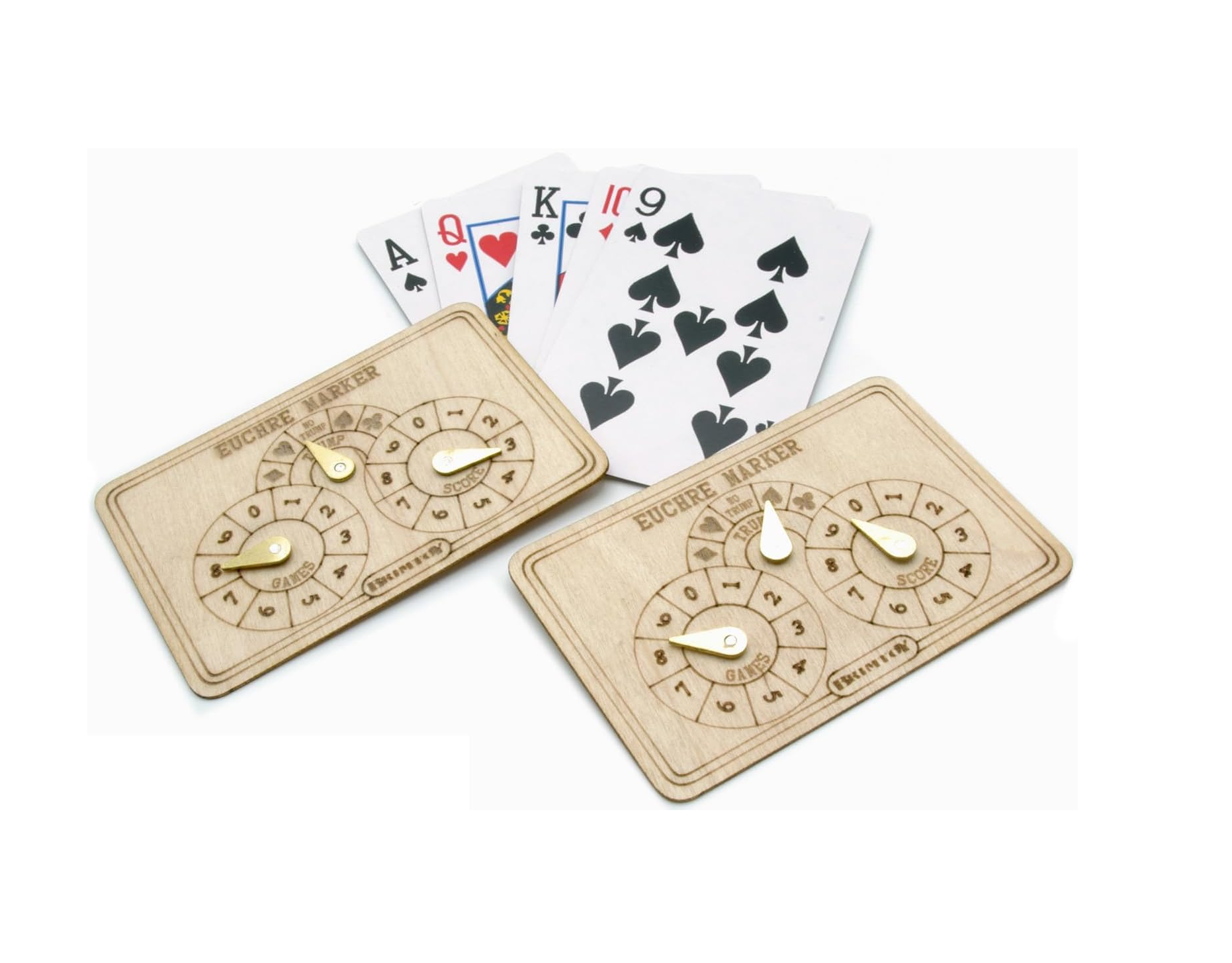 Two wooden euchre score markers with playing cards
