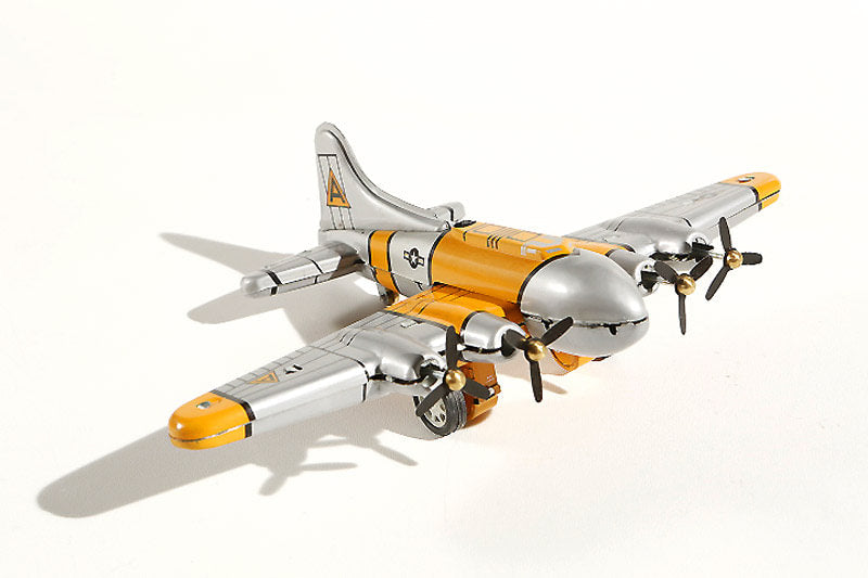 Flying fortress B17 plane tin toy silver and yellow plane
