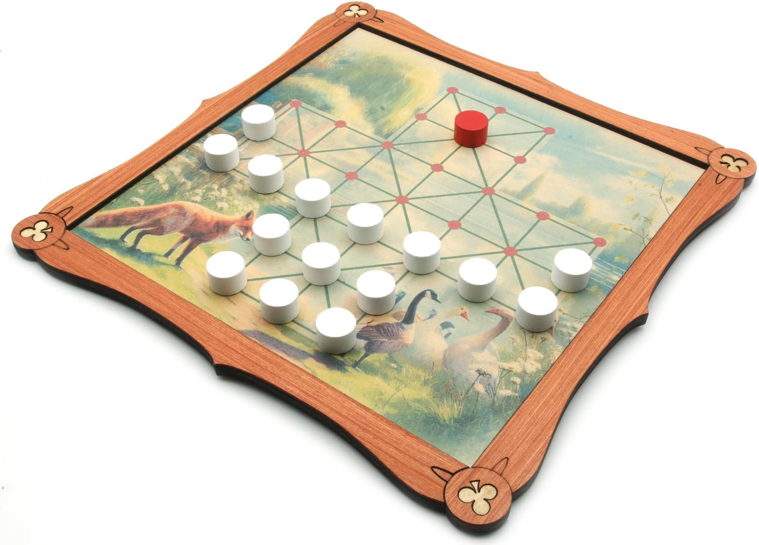 Fox & Geese Board game with white pieces and a red piece