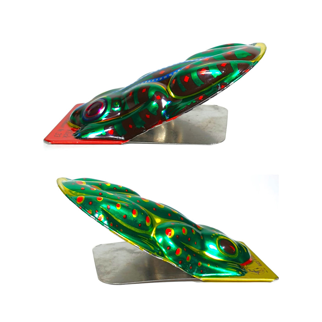 Two colourful click clack frogs