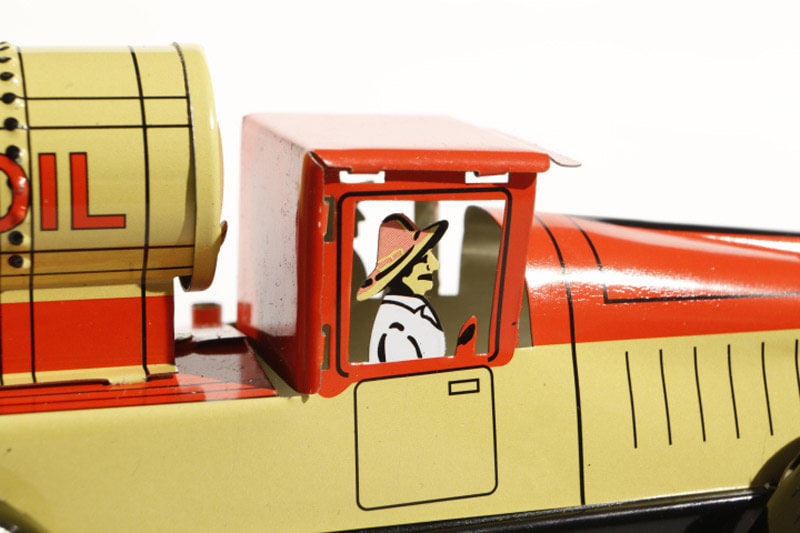 Close up of gas oil tanker tin toy