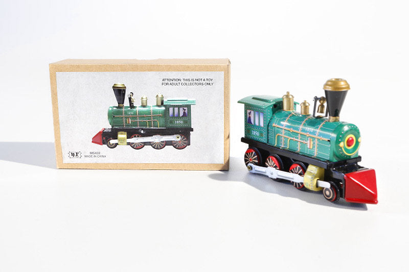 Green Wind-Up Locomotive tin toy with packaging