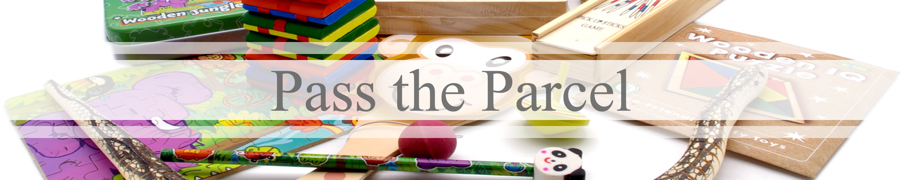 Pass the parcel party game banner with party toys