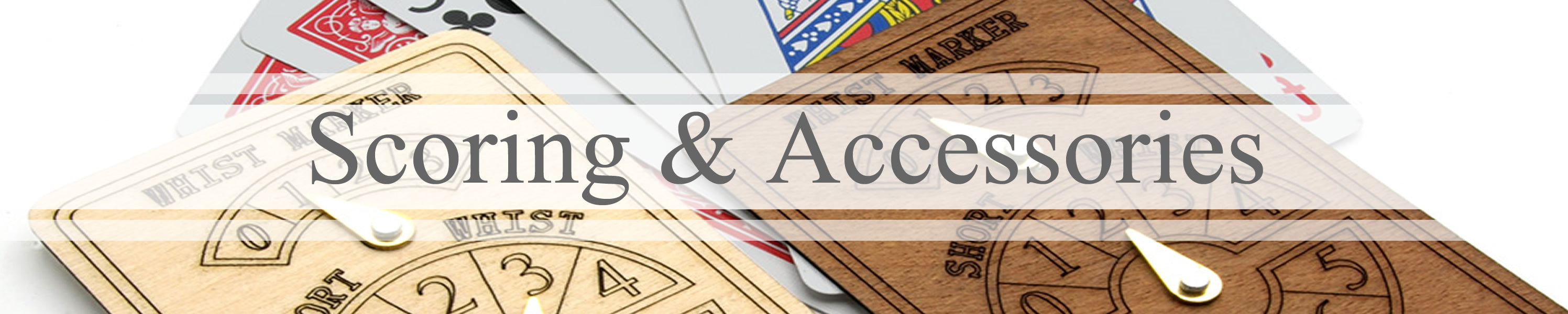 Scoring and accessories for games banner with score markers and playing cards in background