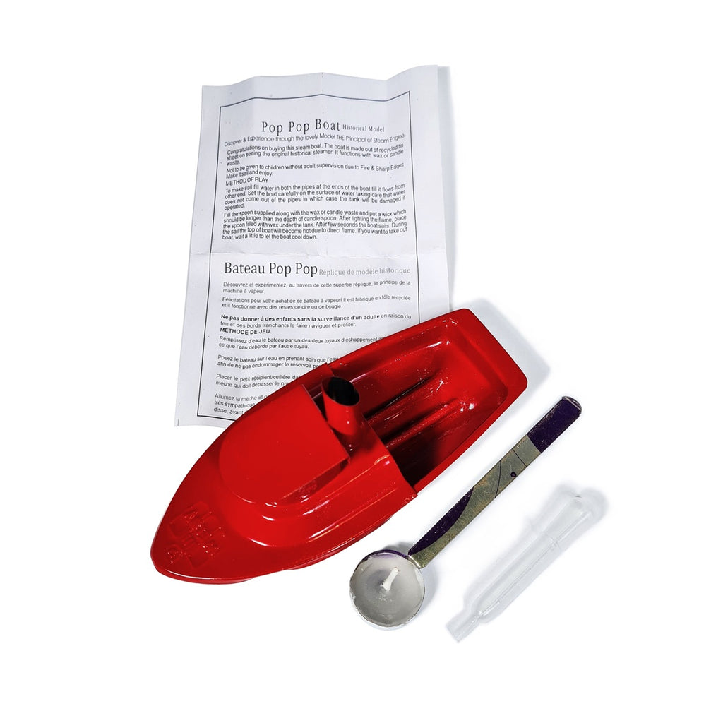Red Hut Pop Pop Boat Tin Toy  with instructions