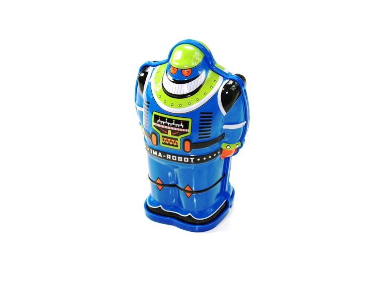 Tin Toy robot with a blue and green colour scheme 