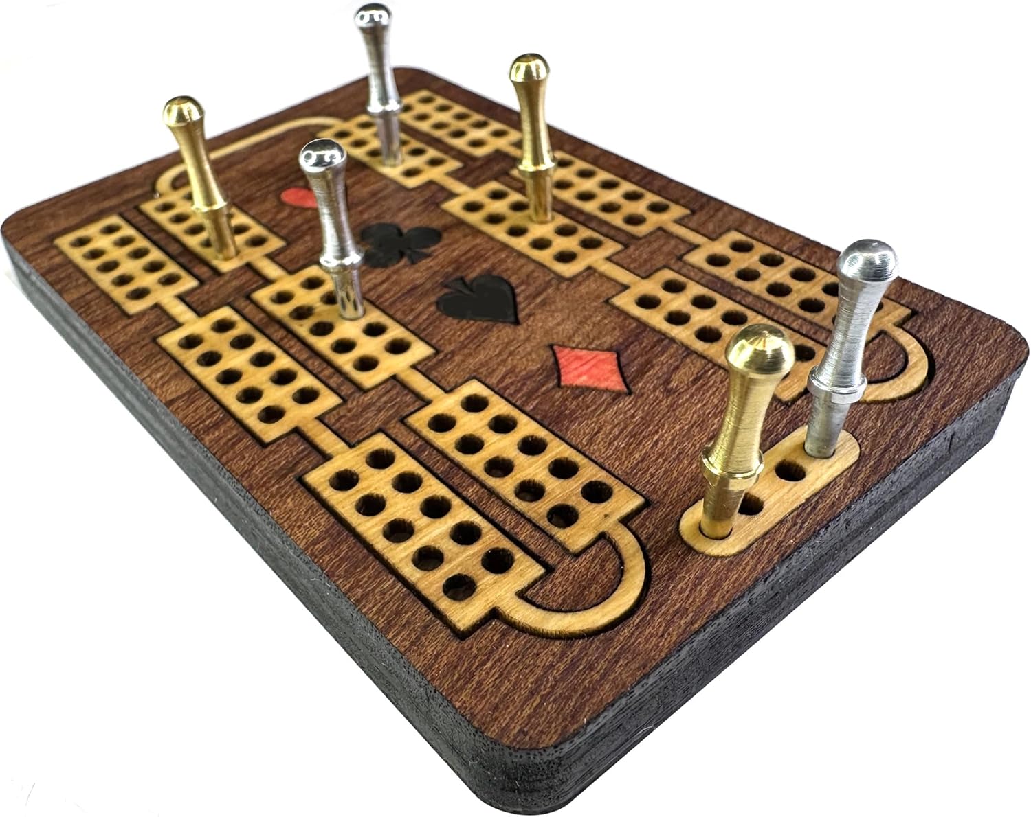 Inlaid Wooden cribbage board with Cribbage pegs and  playing cards suit symbols design